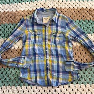Abercrombie & Fitch Blue Yellow Button Plaid Shirt Top Womans sz Small